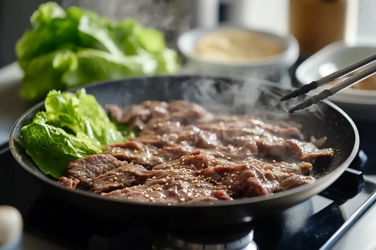 Bulgogi beef sizzling on a stovetop grill pan in a modern kitchen.