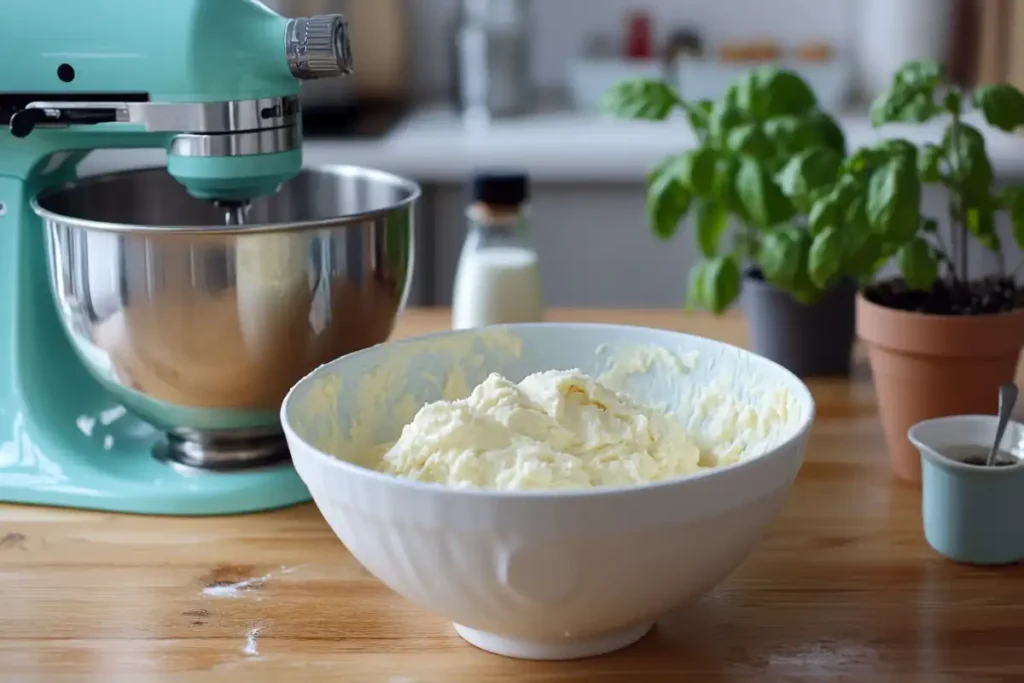 Whisking milk-based cake batter in a warm, rustic kitchen.