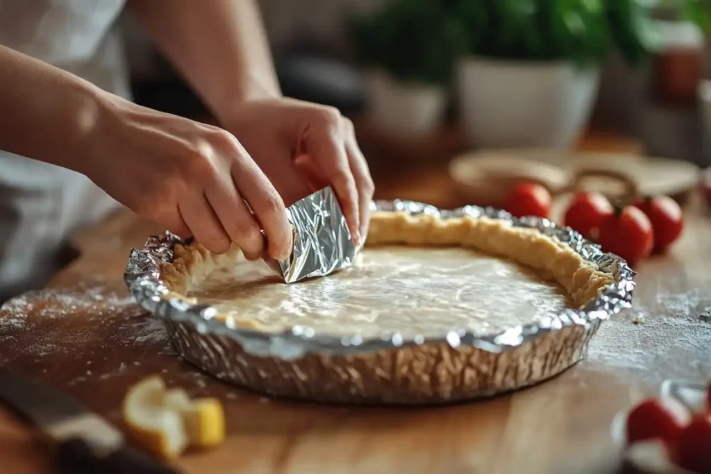 Baker applying aluminum foil to pie crust edges.