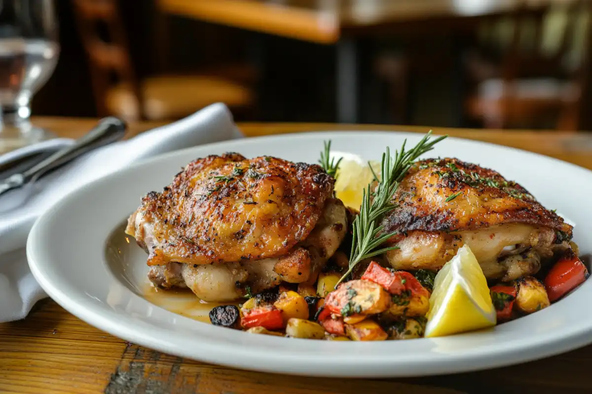 Plated crispy chicken thighs with fresh herbs and a side of roasted vegetables.