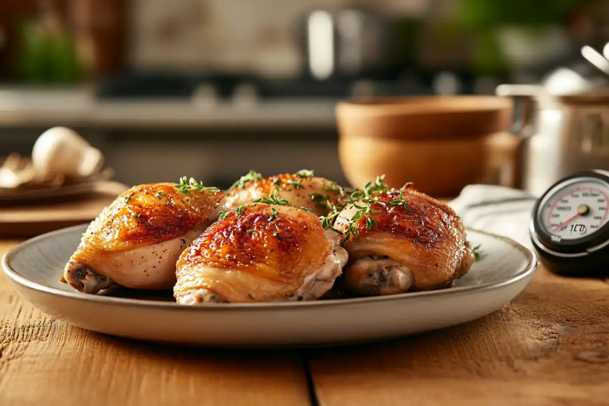 Juicy roasted chicken thighs with a thermometer showing 175°F