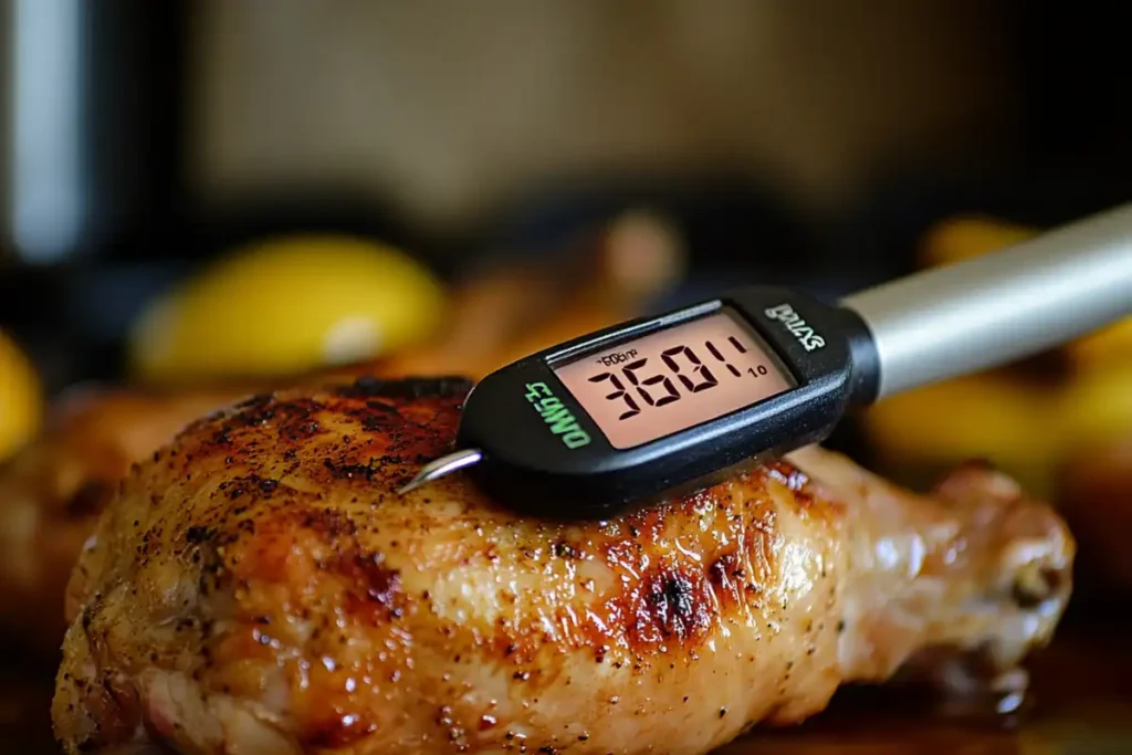 Meat thermometer in chicken thigh showing 165°F