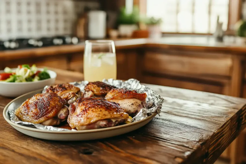 Resting cooked chicken thighs on a plate with foil covering to retain juices.