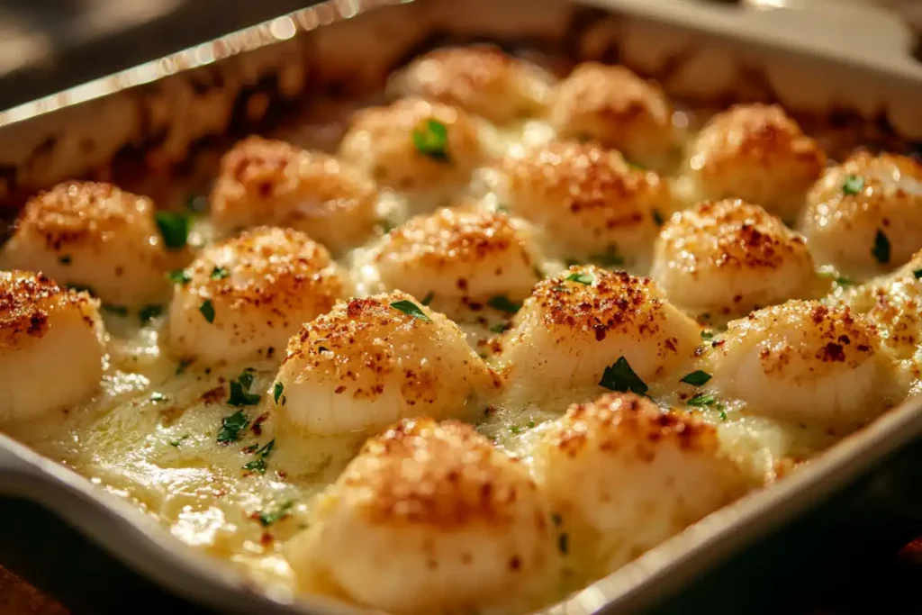 Baked scallops with a crispy Parmesan breadcrumb crust