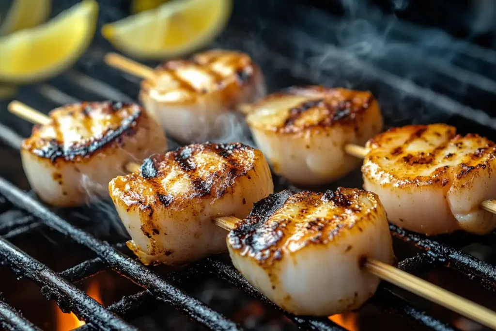 Smoky grilled scallops on skewers with a charred glaze