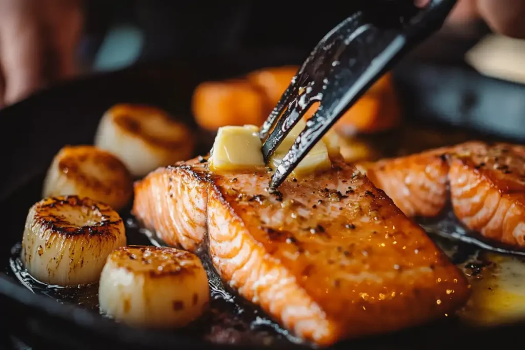 Chef pan-searing salmon and scallops in a skillet with garlic butter