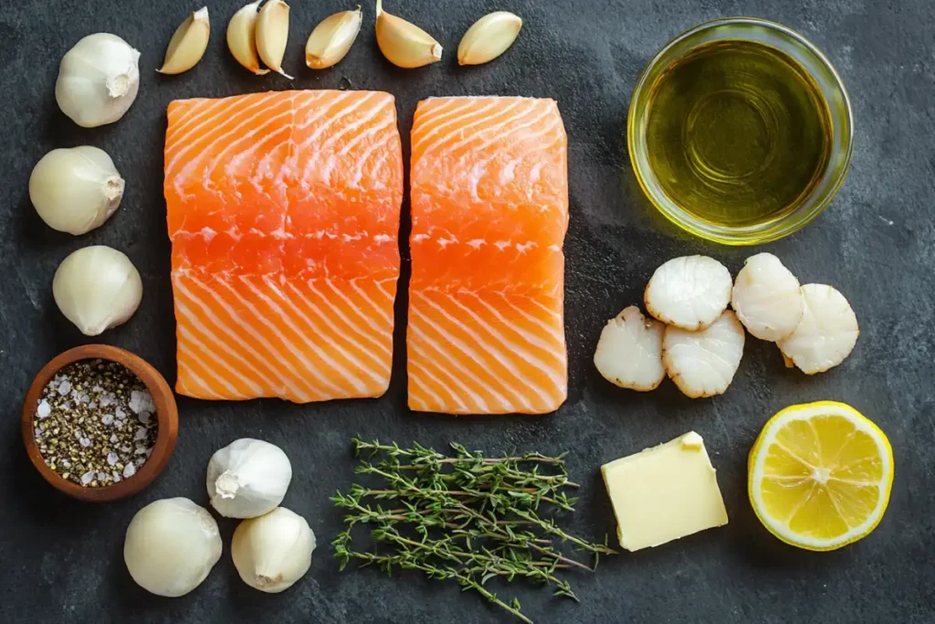 Fresh salmon, scallops, and essential ingredients for a seafood recipe