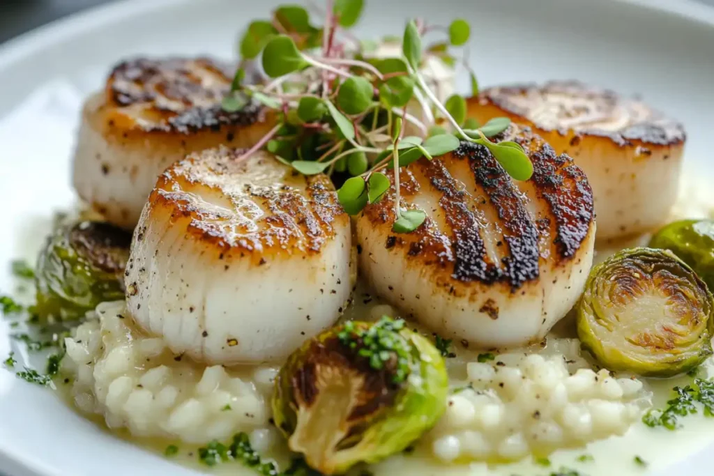 Scallops served with lemon risotto and Brussels sprouts