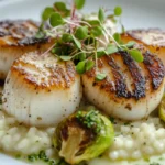 Scallops served with lemon risotto and Brussels sprouts