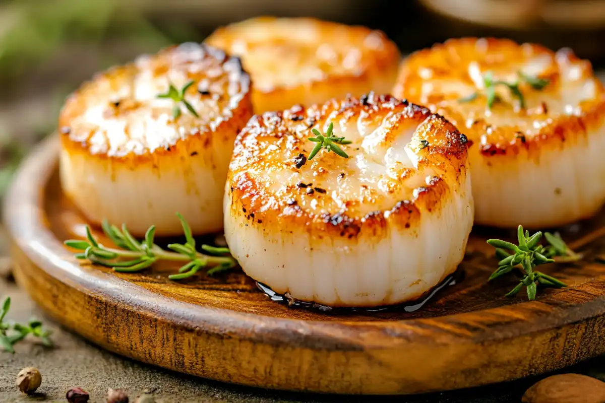 Seared scallops on a rustic plate with fresh herbs.