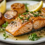 Gourmet salmon and scallops recipe with garlic butter sauce