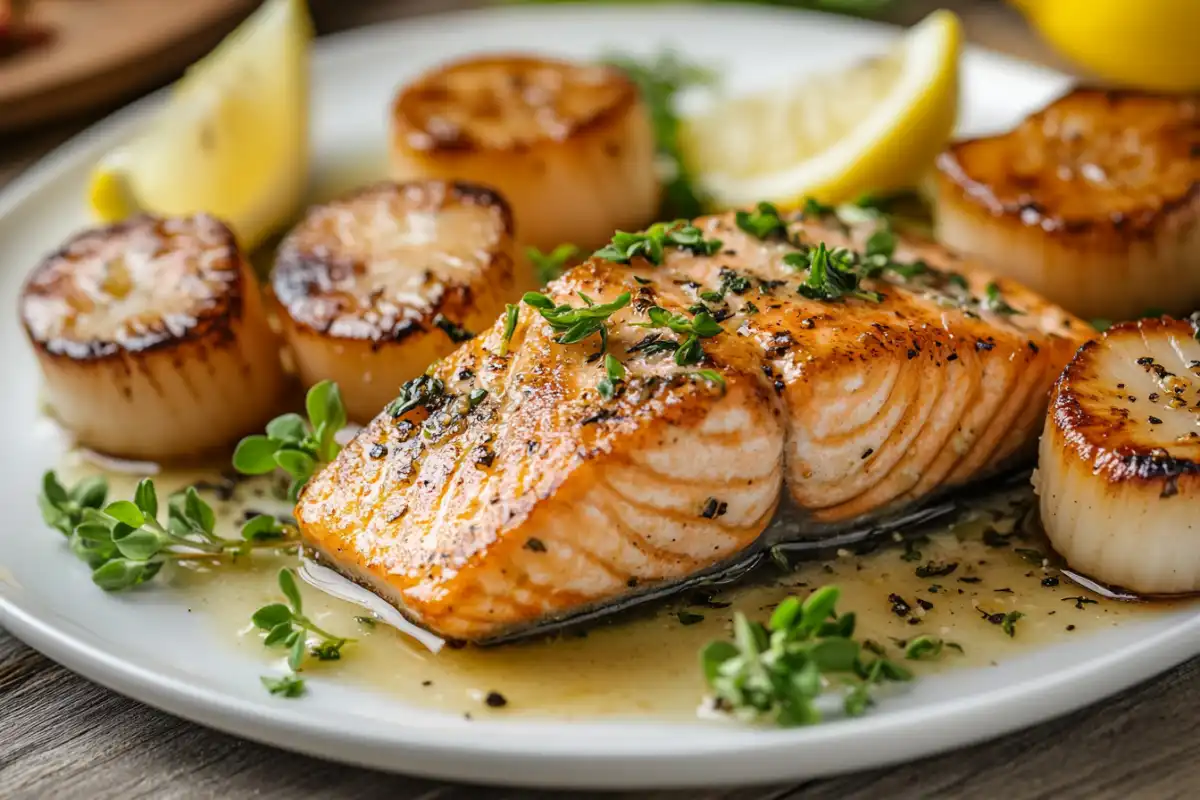 Gourmet salmon and scallops recipe with garlic butter sauce