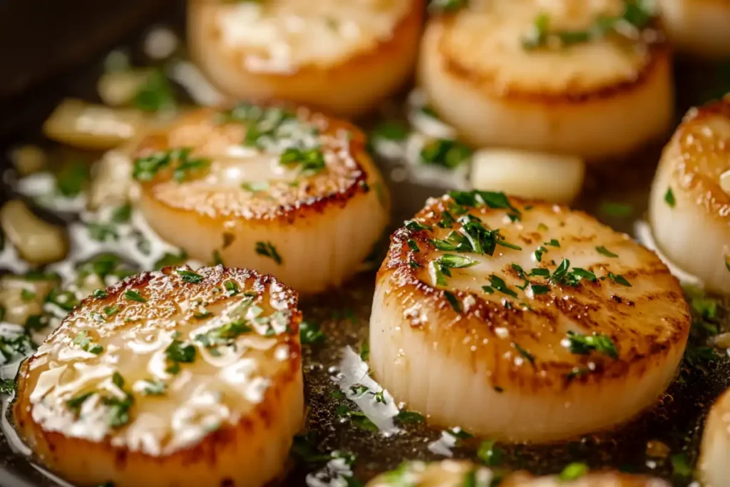 Scallops searing in butter with garlic and herbs