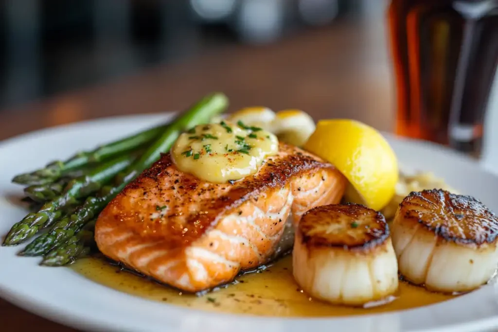 Plated salmon and scallops with lemon butter sauce and asparagus