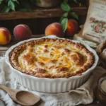 Thick and golden-brown peach cobbler in a white ceramic dish.