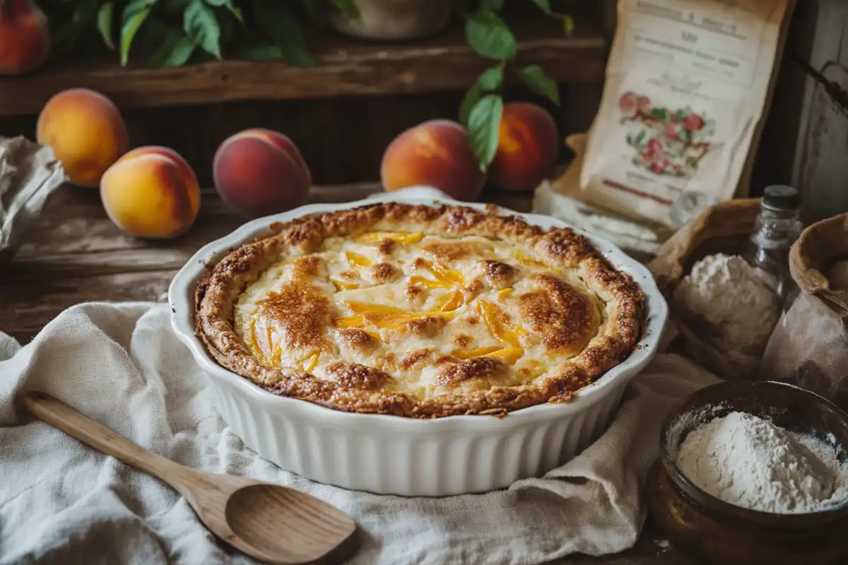 Thick and golden-brown peach cobbler in a white ceramic dish.