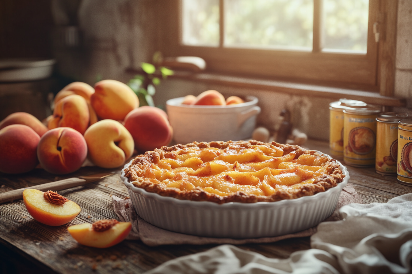 A freshly baked peach cobbler with fresh and canned peaches.