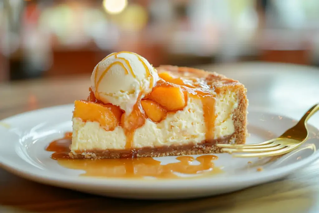 A plated slice of Peach Cobbler Cheesecake with caramel drizzle and ice cream.