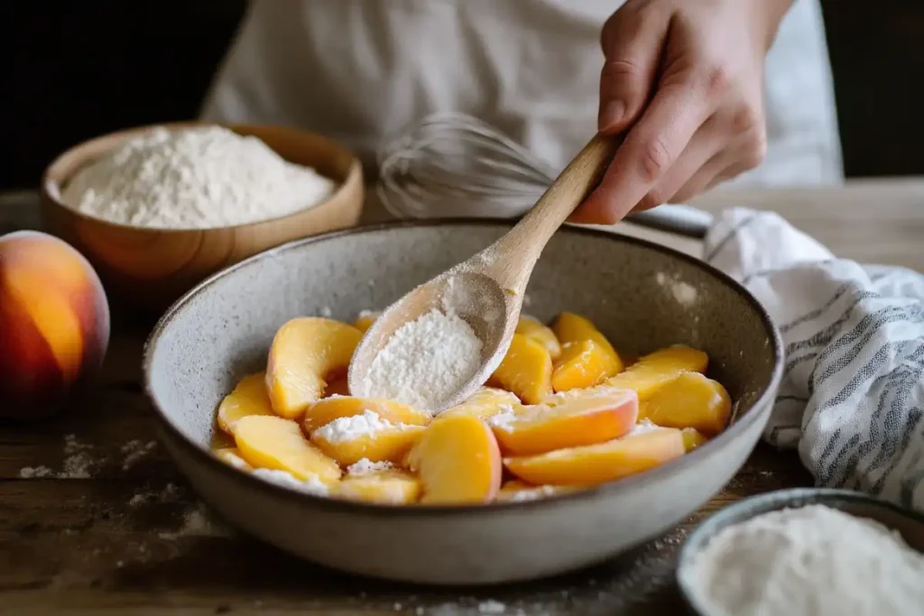 A baker adding cornstarch to fresh peach slices for cobbler.