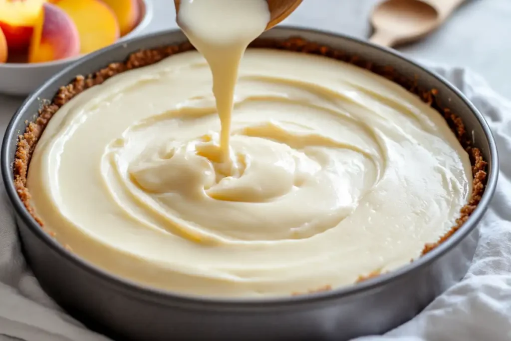 Cheesecake batter being poured into a graham cracker crust.