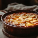 A baker adding cornstarch to fresh peach slices for cobbler.