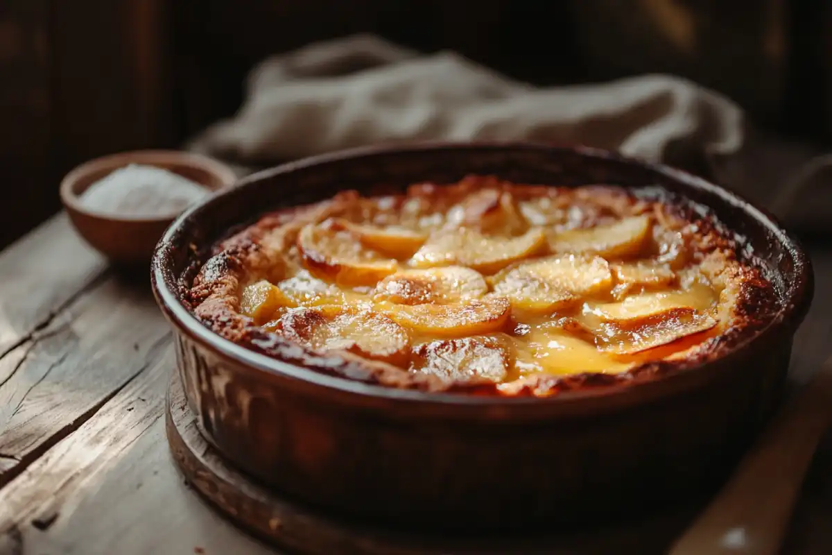 Thick and syrupy peach cobbler with a golden crust.