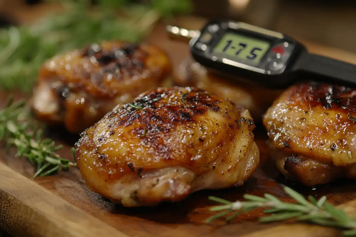 Perfectly cooked chicken thighs with a meat thermometer.