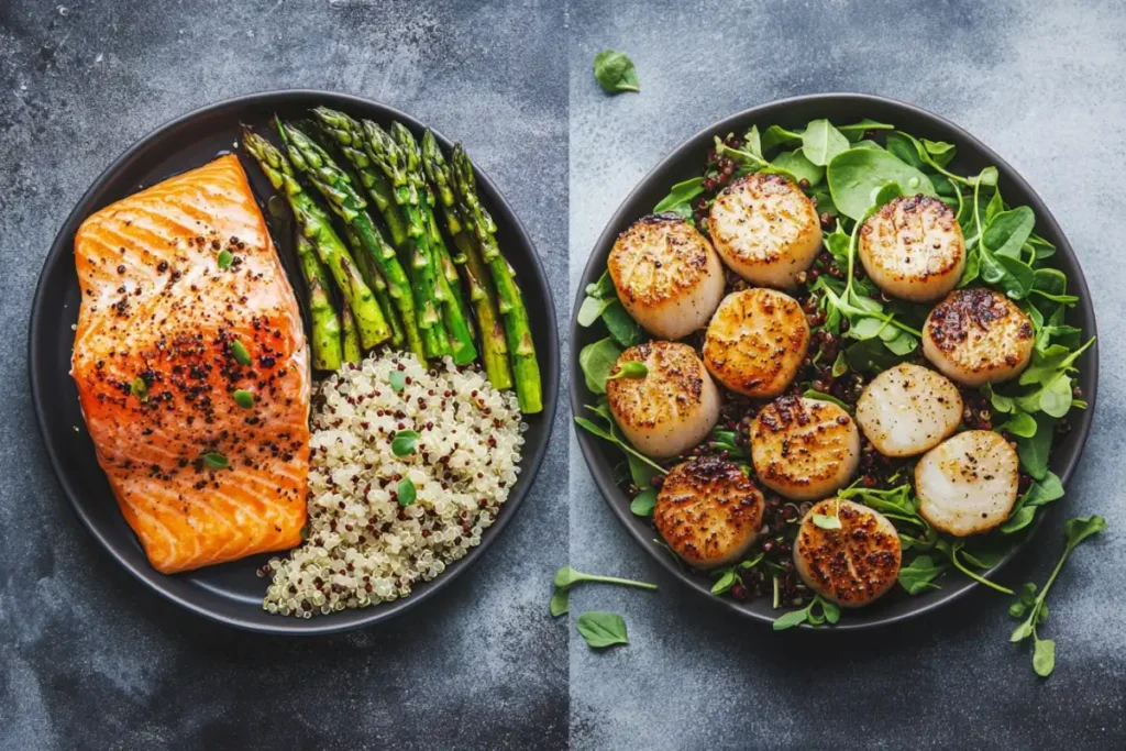 A comparison of grilled salmon and seared scallops with nutritional information.