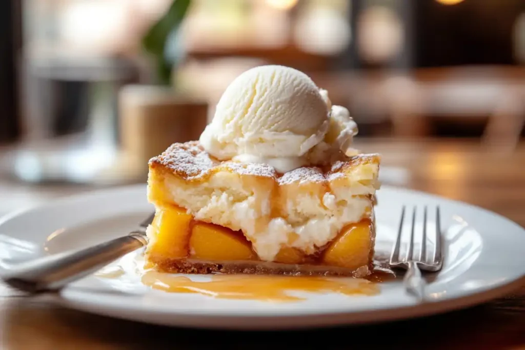 A slice of cream cheese peach cobbler with ice cream