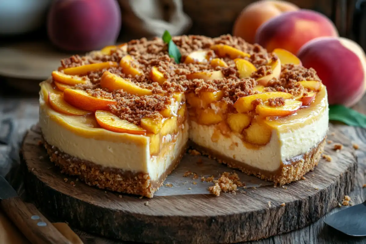 Peach Cobbler Cheesecake with caramelized peaches and crumble topping.