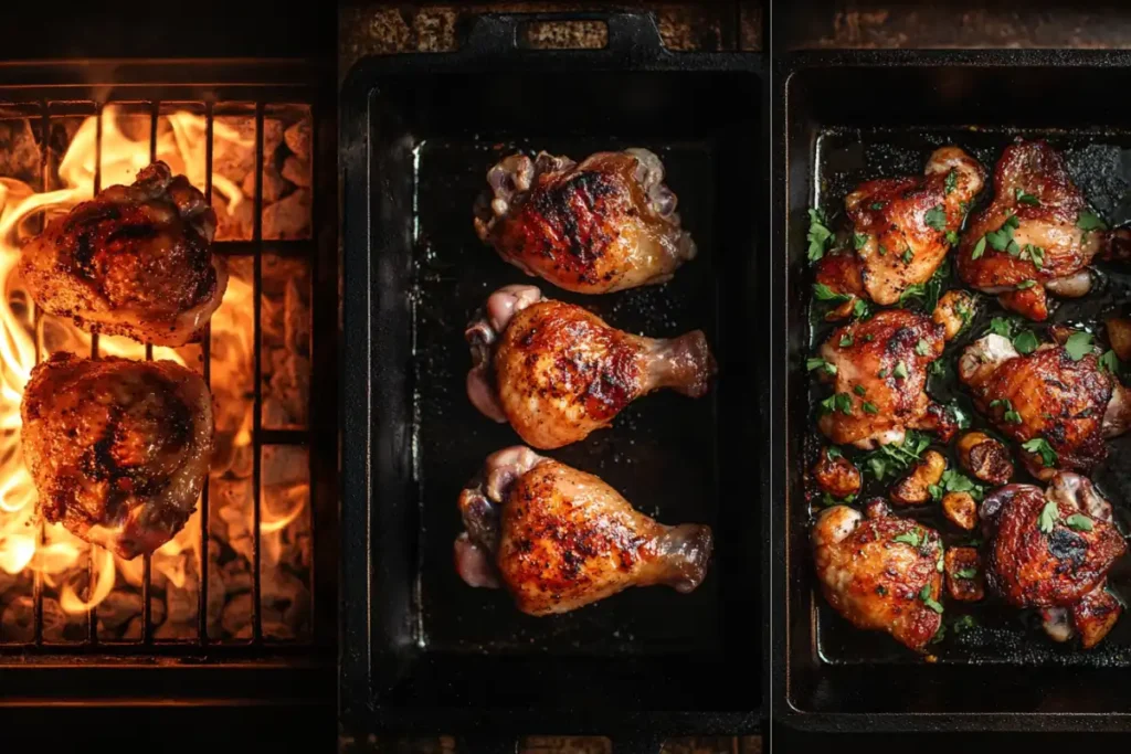 Different cooking methods for chicken thighs: grilling, pan-searing, and roasting.