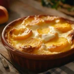 Peach cobbler with cream cheese in a rustic baking dish