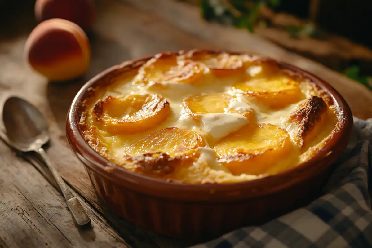 Peach cobbler with cream cheese in a rustic baking dish