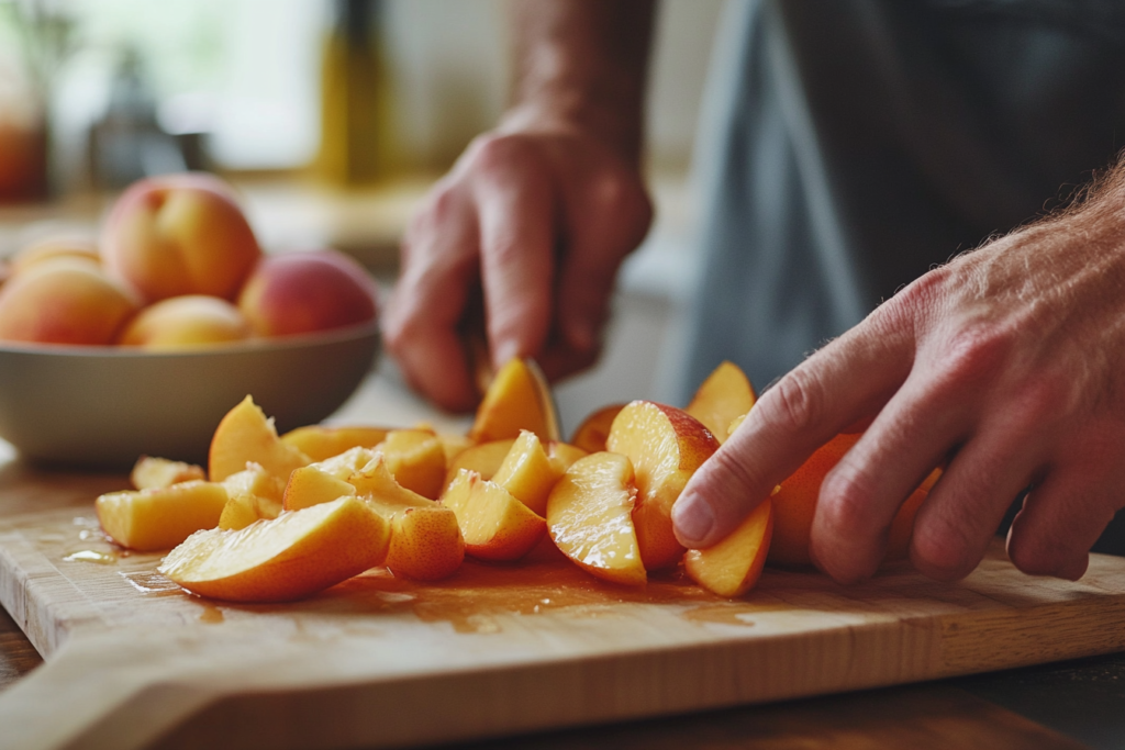 A baker peeling fresh peaches for a cobbler.