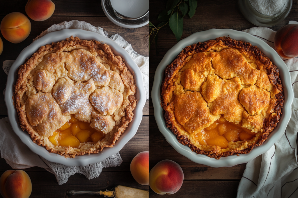 Two peach cobblers—one made with fresh peaches, one with canned.